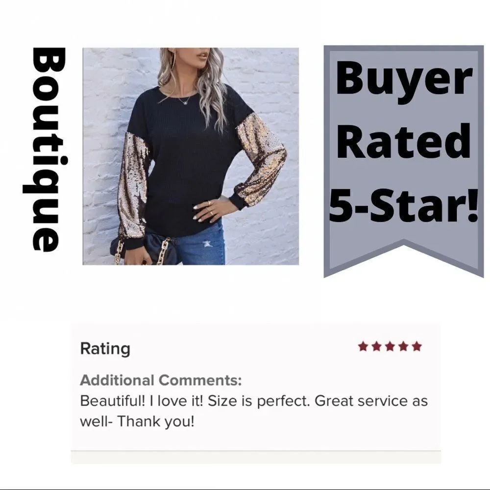 5 🌟 Rated Waffle Shirt with Gold Sequined Sleeves, Rounded Hem
